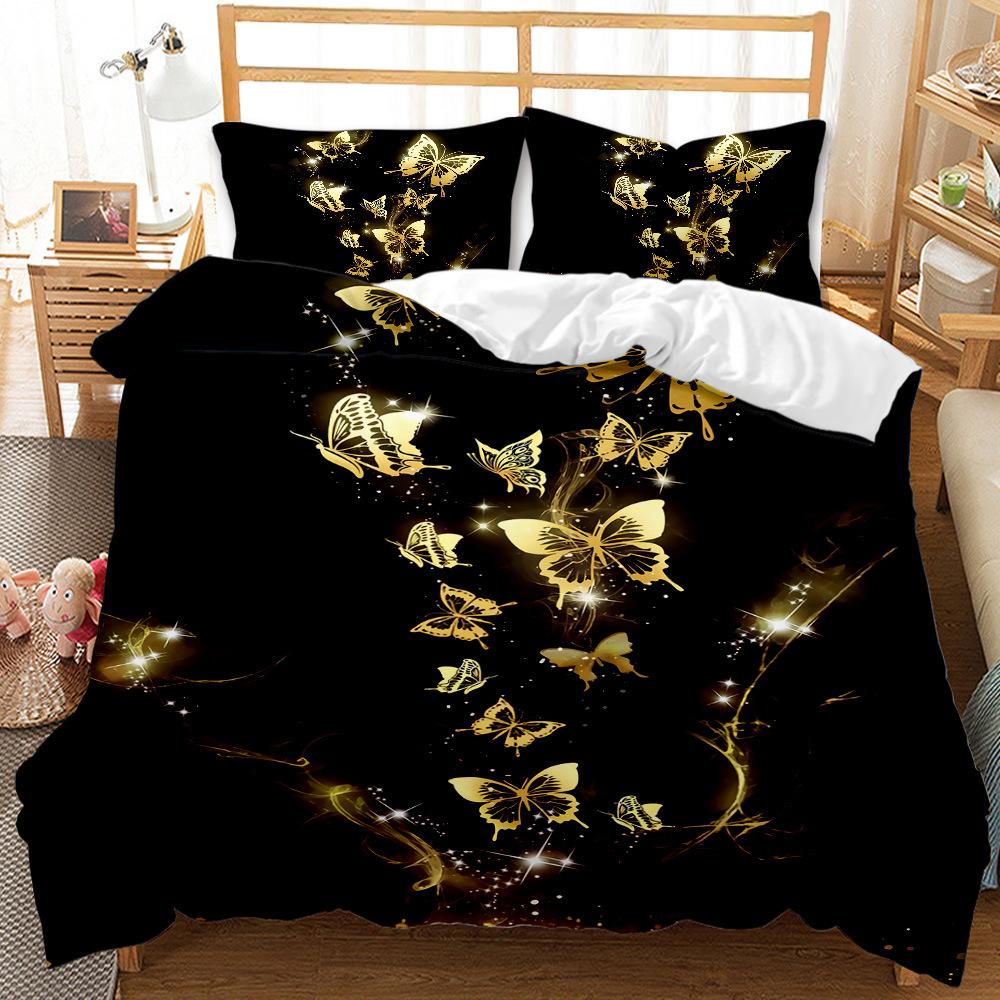 Butterfly Duvet Cover Set King Queen Twin Full Size Black Gold Butterflies Black Background For Kid Boy Polyester Bedding Set