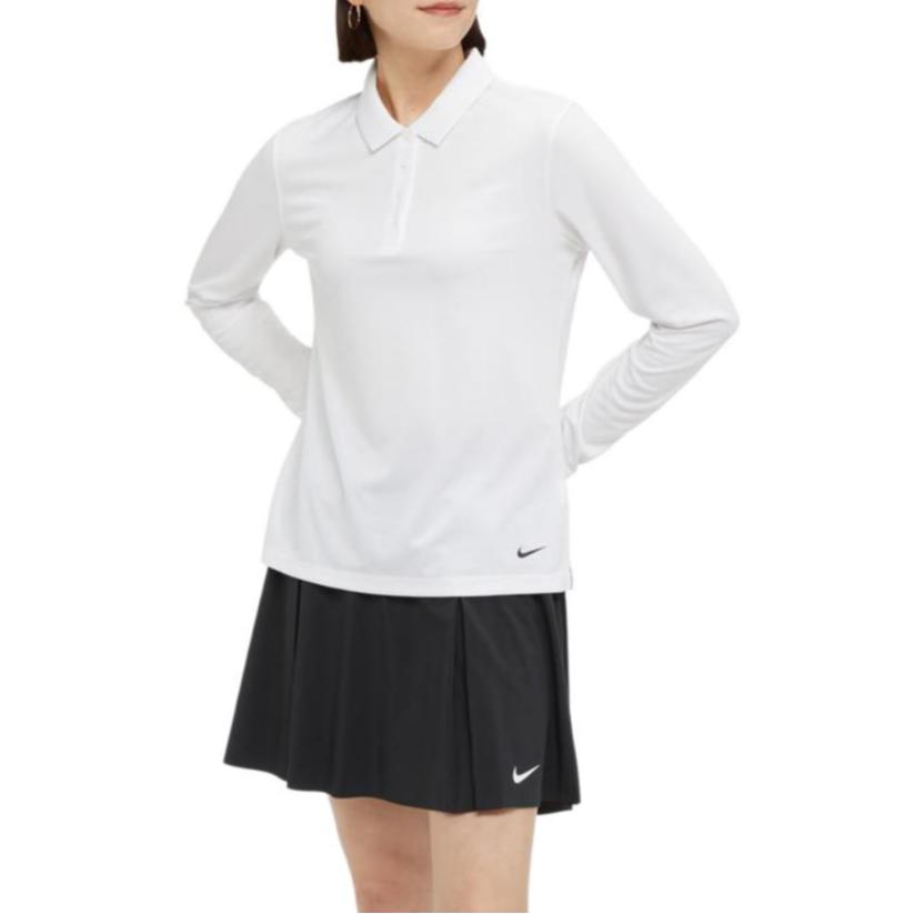Nike Dri-FIT Victory Solid Logo Print Long Sleeve Polo Shirt Women Tops White DH2317-100
