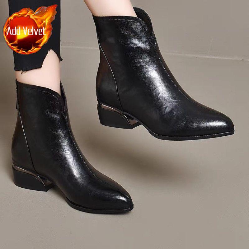 Fashion Woman Short Shoes Pointed Toe Fleece-Lined Warm Leather Ankle Boots for Women Designer Luxury Large Size Hot New Rock Pu Booties