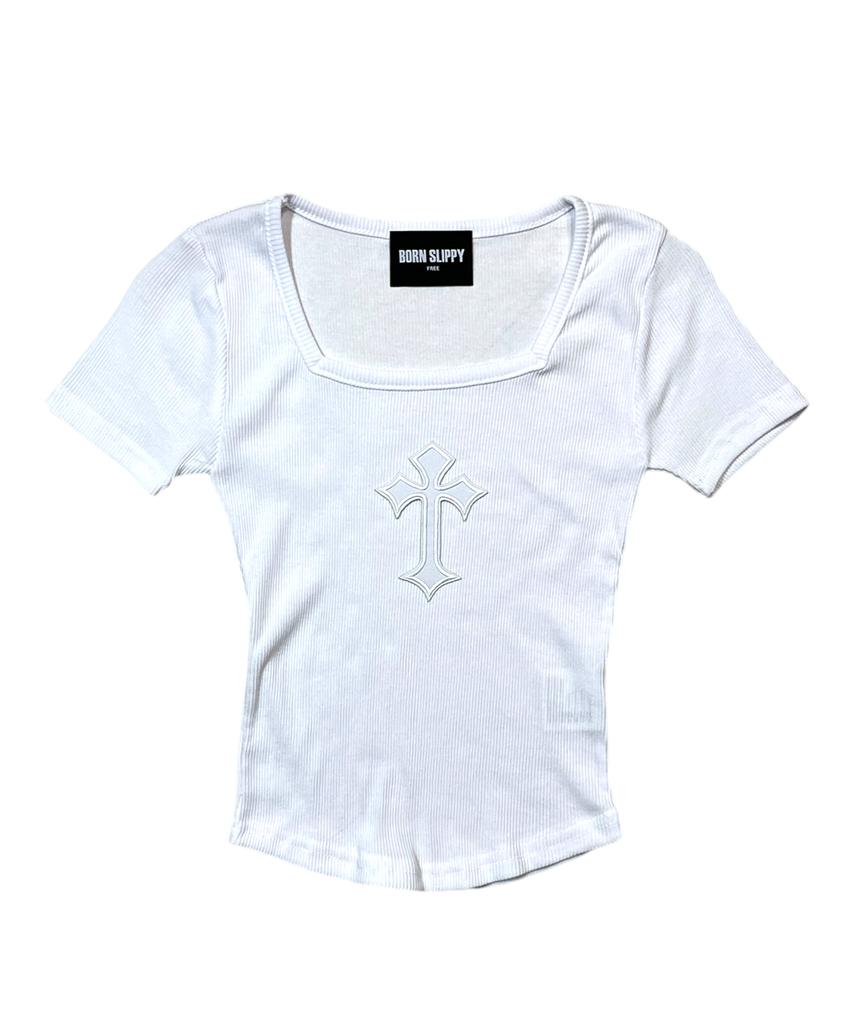 Bonseullipi Cross Square Neck T-Shirt (White)