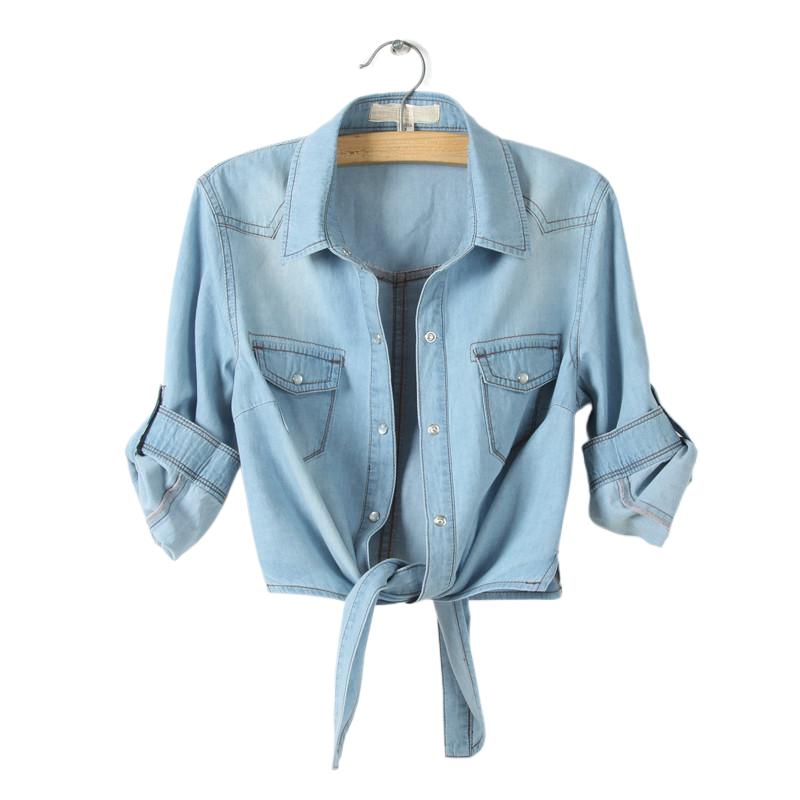 

Женский джинсовый укороченный топ с завязками на узле, рубашка, кардиган с рукавом 3/4 3XL светло-синий
