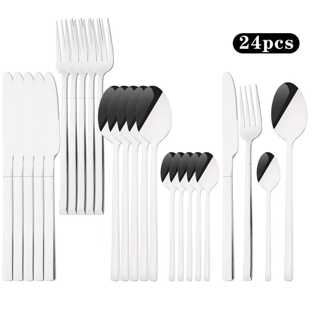 

24Pcs Western Black Dinnerware Set Knife Fork Coffee Spoon Cutlery Set Stainless Steel Flatware Kitchen Silverware Tableware