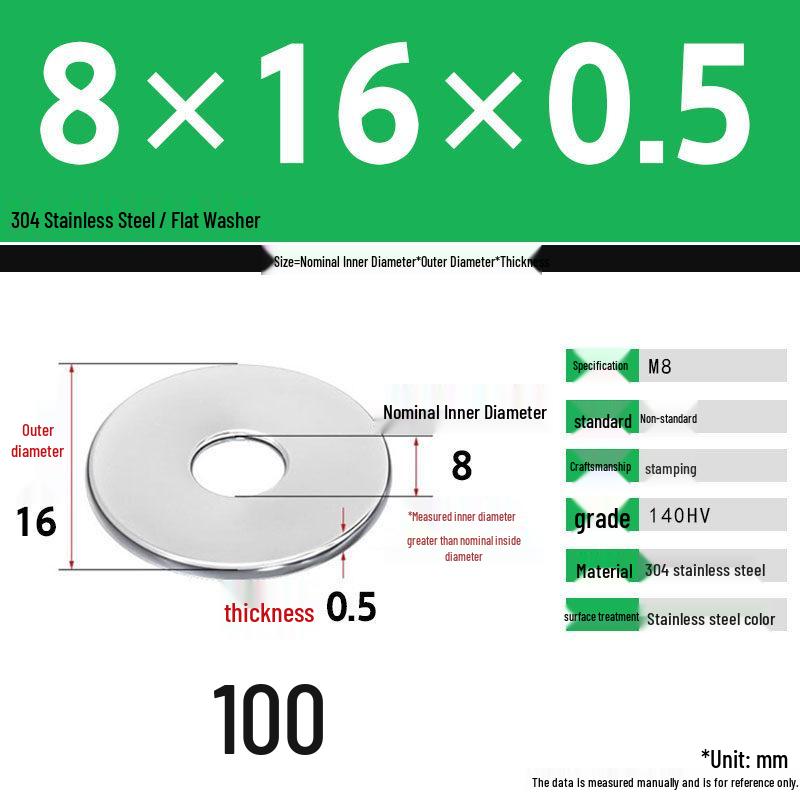 304 Stainless Steel Thickened Flat Washer Set, Sizes 2-36