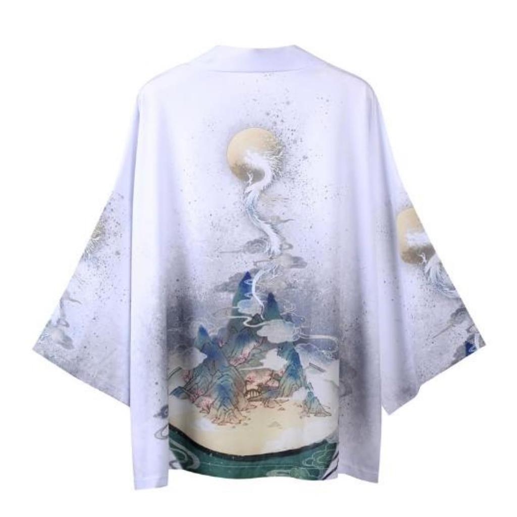 Summer Japanese White White [Lunari] Men's Japanese-style Cardigan, Hoodie, 3/4 Sleeve, Japanese-style, Casual, Yukata, Thin, Loose-fitting, Haori,