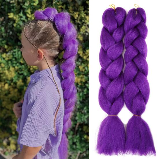 2Pcs 24-Inch Braiding Purple Hair Extension Natural Looking Halloween Costume Cosplay Stage Party Pre Stretched Long Braids Synthetic Hair Extension