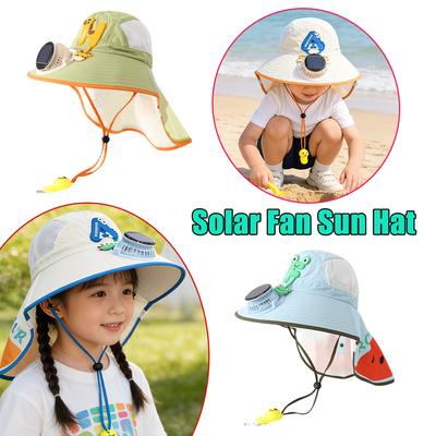 Solar Fan Sun Hat Letter Print Wide Brim Neck Cape Mesh Children Portable UV Protection for Baby Boys Girls Outdoor Camping Hat