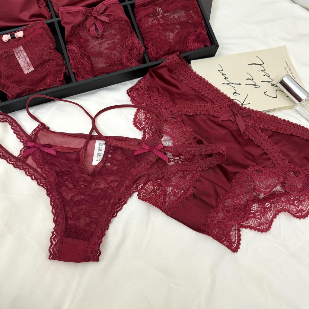 Elegant French Red Lace Low-Waist Thongs: Sexy & Festive Women's Wedding Panties