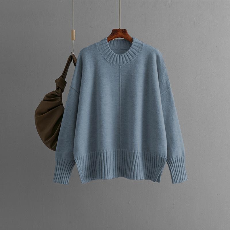 

Qooth Oversize Round Neck Sweater Women Solid Color Long Sleeve Knit Pullover QT2789 One Size синий