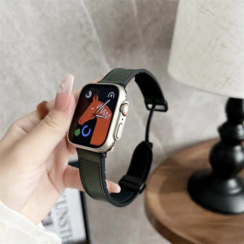 Silicon+Leather Bands for Apple Watch Strap 40mm 41mm 42mm 44mm 45mm 49mm Magnetic Buckle Bracelet iWatch Ultra SE2 8 7 6 5 4 3