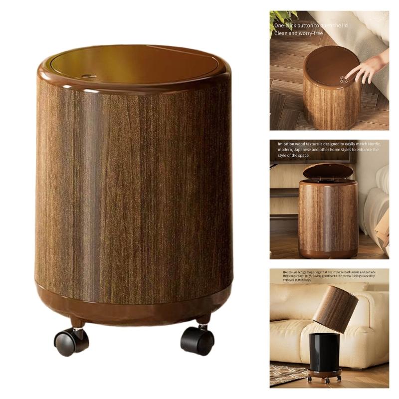 Waterproof Decorative Trash Bin Wooden Grains Pattern Design 12L Large Capacity Rolling Garbage Container For Indoor Use