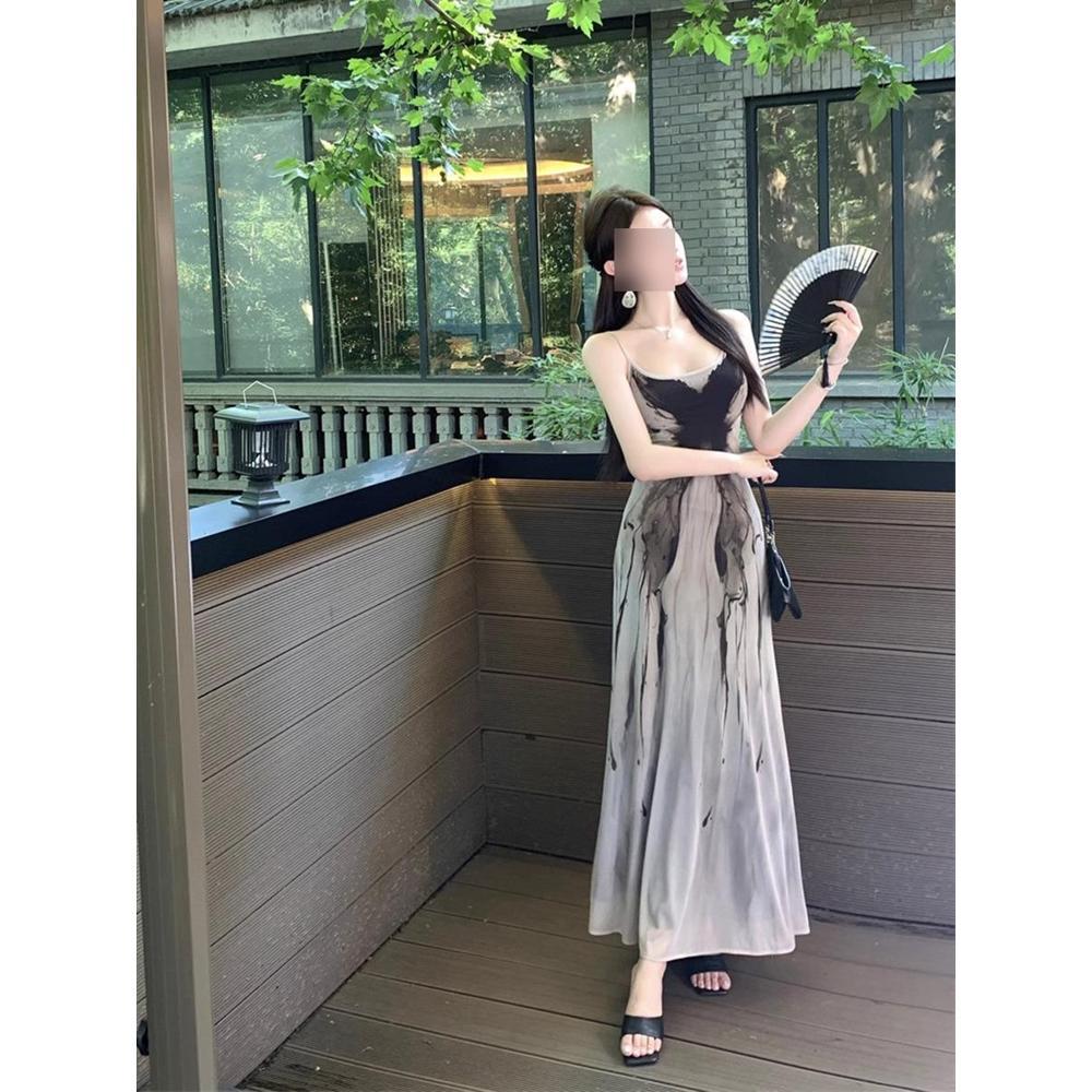 New Chinese ink printing suspender dress women's summer new foreign style beautiful French temperament long skirt