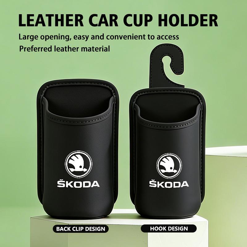 LOLL4 For Skoda Car Logo Door Water Cup Holder Back Seat Drink Rack Leather Storage Box Fabia 1 2 Octavia A7 RS Superb Rapid Yeti