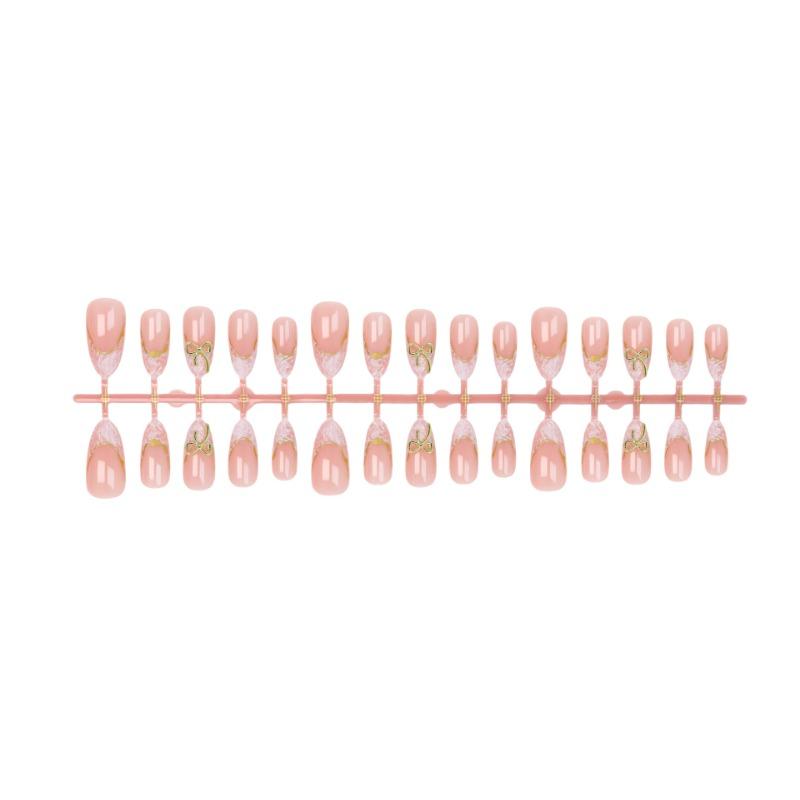 French Bow Press On Nails Almond Shaped Gold Line Nail Tips