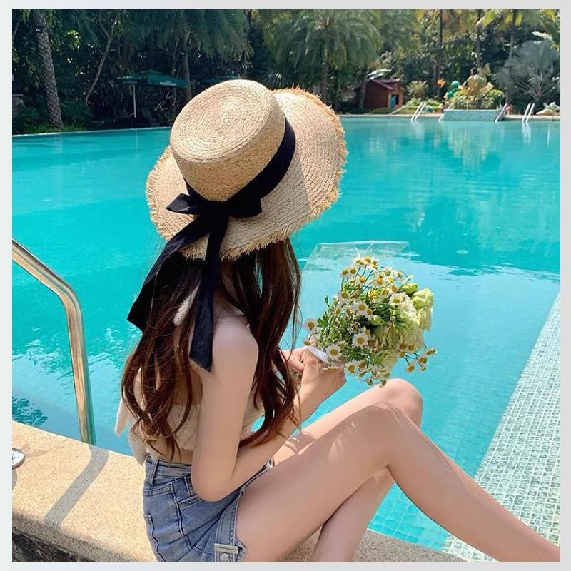 Hollow Lafite Straw Hat Women's Summer Seaside Beach Sunshade Sunscreen Hat Big Brim Sun Hat New