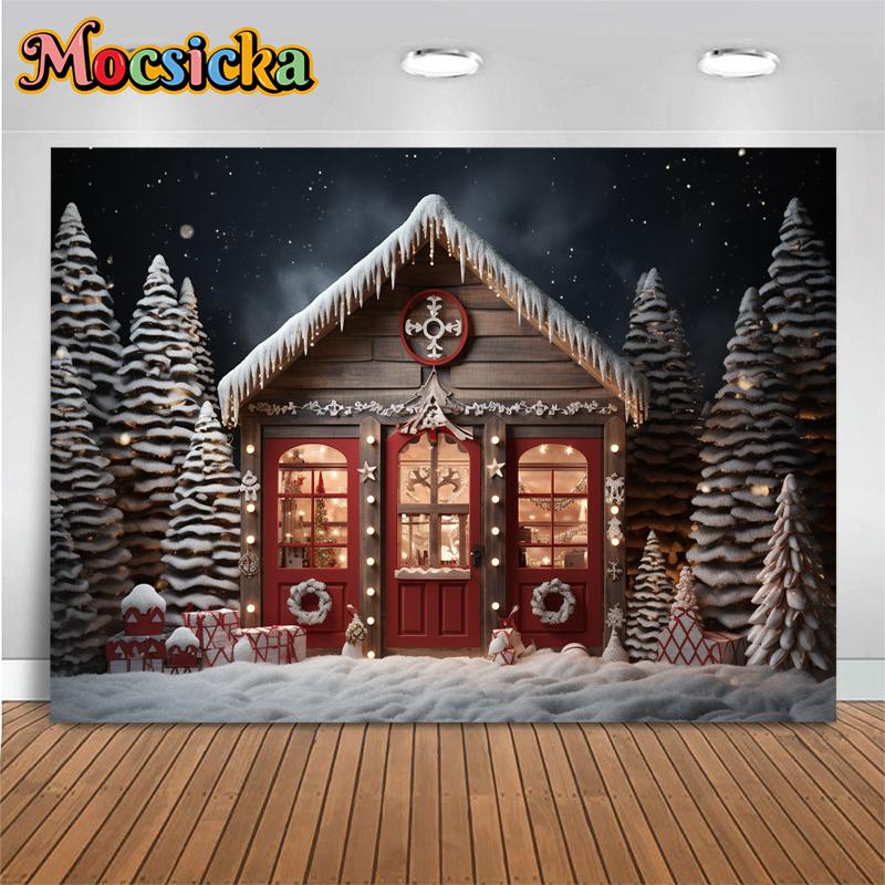 Mocsicka Christmas House Photography Background Winter Forest Tree Kids Children Birthday Photo Backdrop Home Party Decor Banner