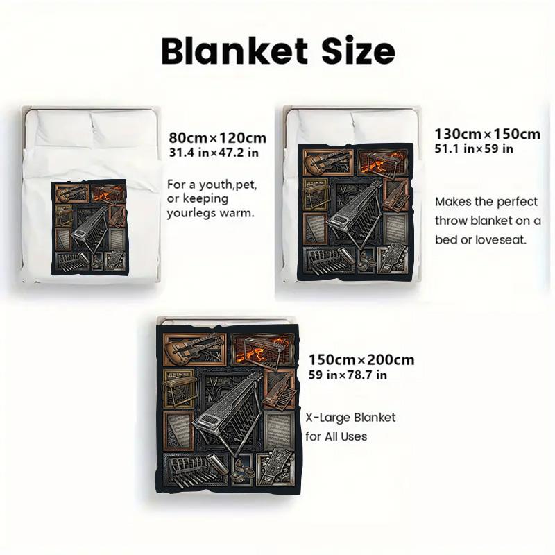 Steampunk Musical Instruments 2D Flat Pattern Flannel Blanket, High Quality All Seasons, Home Decor, Warmth and Comfort, Perfect for Christmas Gifts.