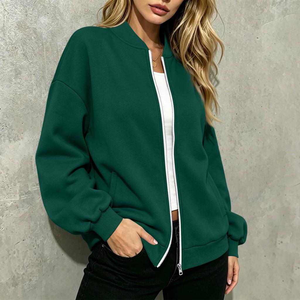 Women's Fashion Long Sleeve V-Neck Loose Fit Zip Up Jacket
