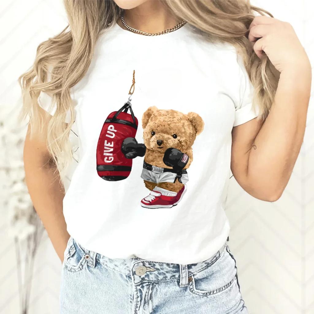 Καλοκαιρινά Μπλουζάκια Γυναικεία Μοντέρνα Casual από Καθαρό Βαμβάκι με Μοτίβο Αρκουδάκι Τέντι και Στρογγυλή Λαιμόκοψη