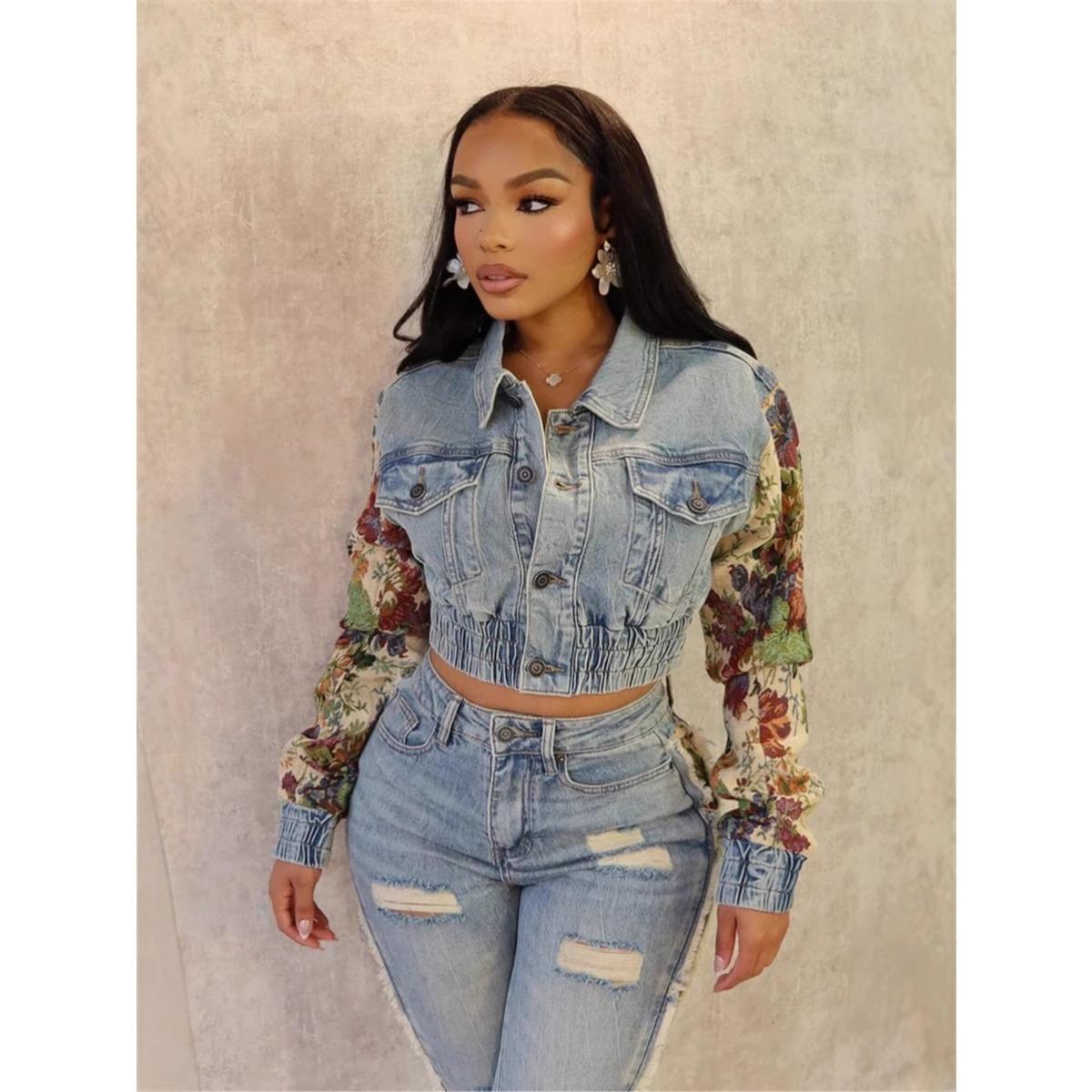 Women s Lapel Long Sleeve Patchwork Floral Print Cropped Denim Jacket Elastic Hem Jean Outerwear S
