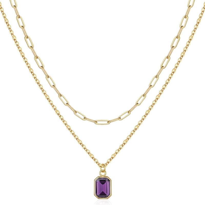Elegant Double Layer Necklace Featuring December Birthstones And 18k Gold Plating Rectangular Design Neckchain For Women