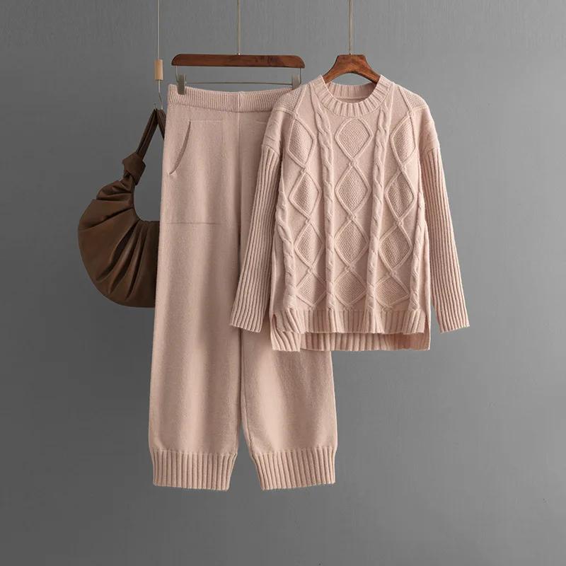 Suéter Grueso de Punto Retorcido Sólido Trajes de Dos Piezas para Mujer Top Cálido Holgado Pantalones Largos de Pierna Ancha Moda Francesa Casual Conjuntos de Punto