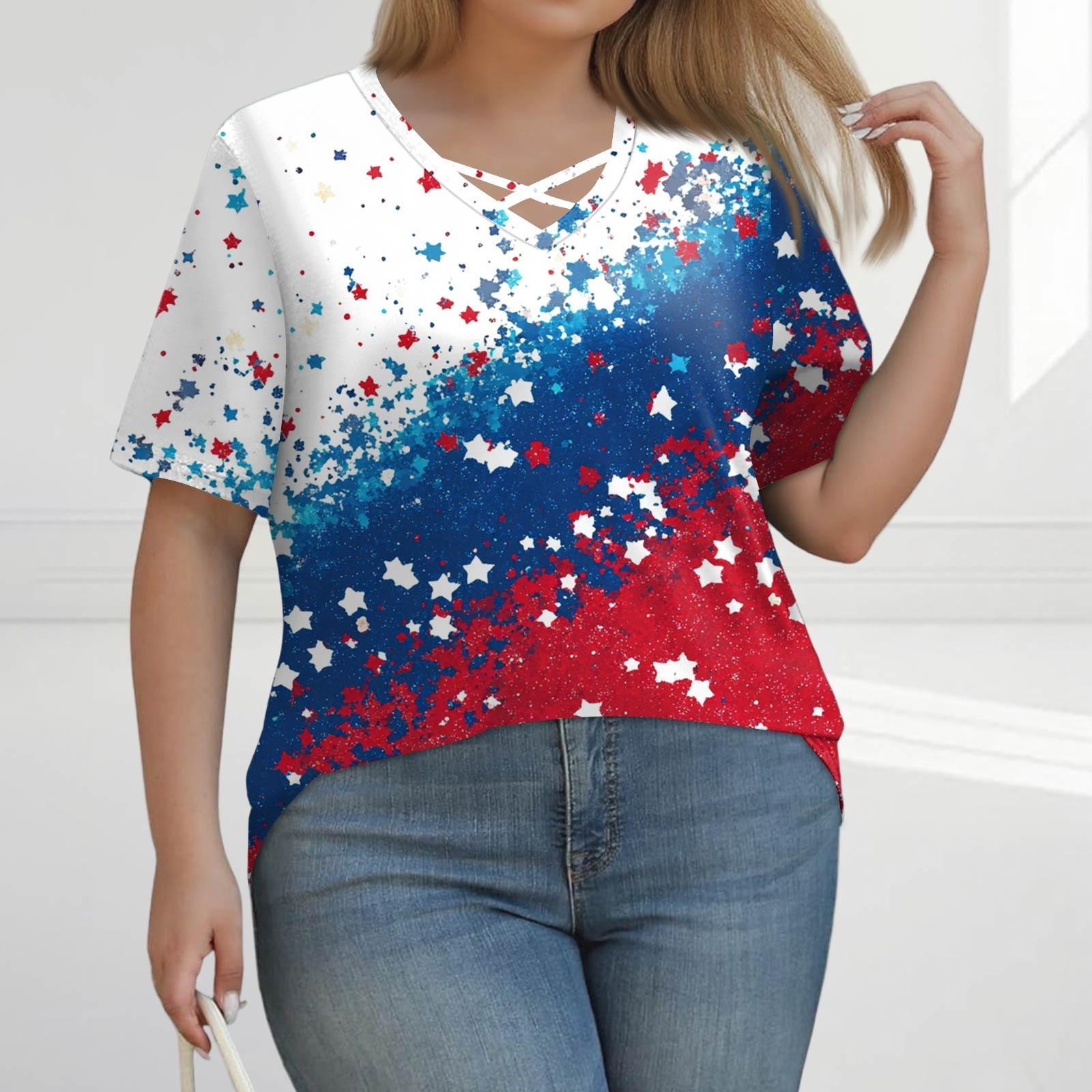 

Жіноча Мода Повсякденна Вінтажна Футболка Топ з Принтом до Дня Незалежності з V-подібним Вирізом та Коротким Рукавом Великого Розміру L