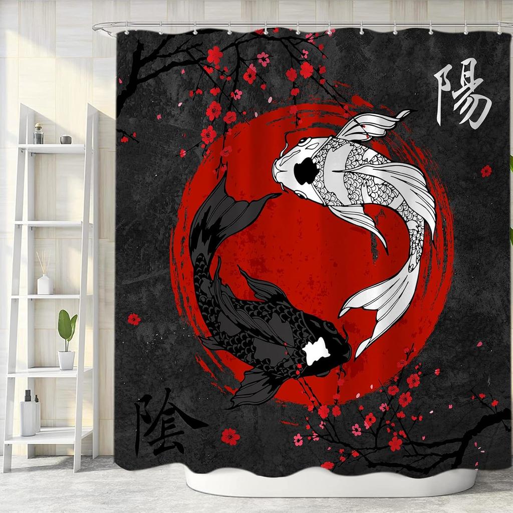 Black And Red Yin Yang Shower Curtain, Japanese Anime Koi Fish Asian Art Decor, Cool Artistic Waterproof Washable