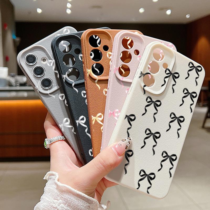 Bowknot Pattern Slim Matte Phone Case For Samsung S25 S24 FE S23 Ultra S22 A36 A56 A16 A55 A26 A35 TPU Leather Texture Soft Shockproof Bumper Cover