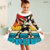 Girls High Neck White Furry Trim Long Sleeve Tropical Leaf Printed Black A Line Flared Dress