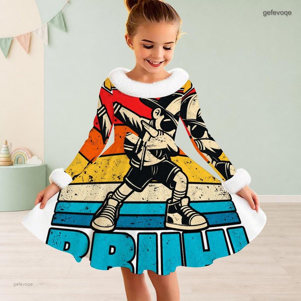 Girls High Neck White Furry Trim Long Sleeve Tropical Leaf Printed Black A Line Flared Dress
