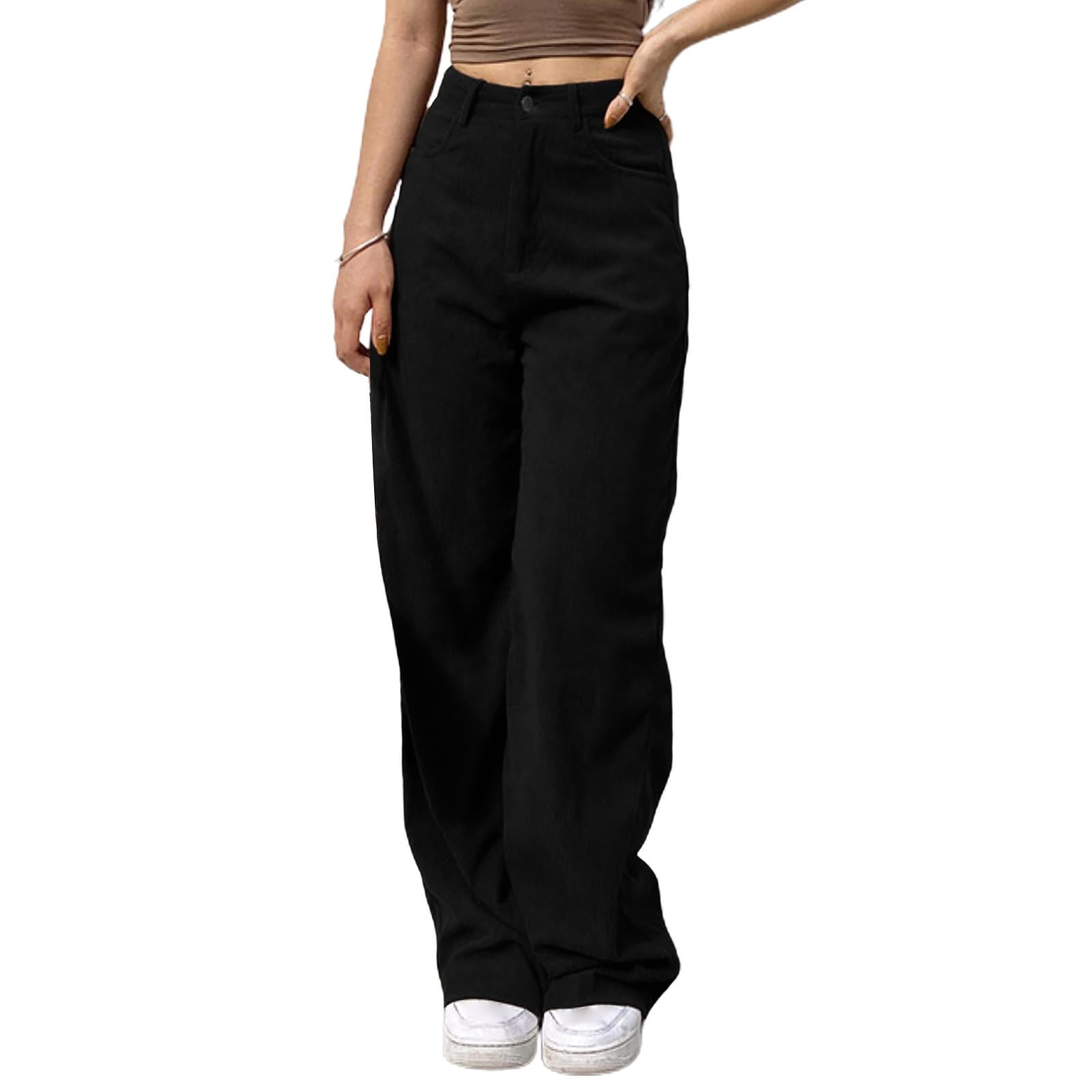 

Ladies Fashionable Color Straight Leg Pants With High Waist Drawstring Pockets And Elastic Waist Casual Pants L чорний