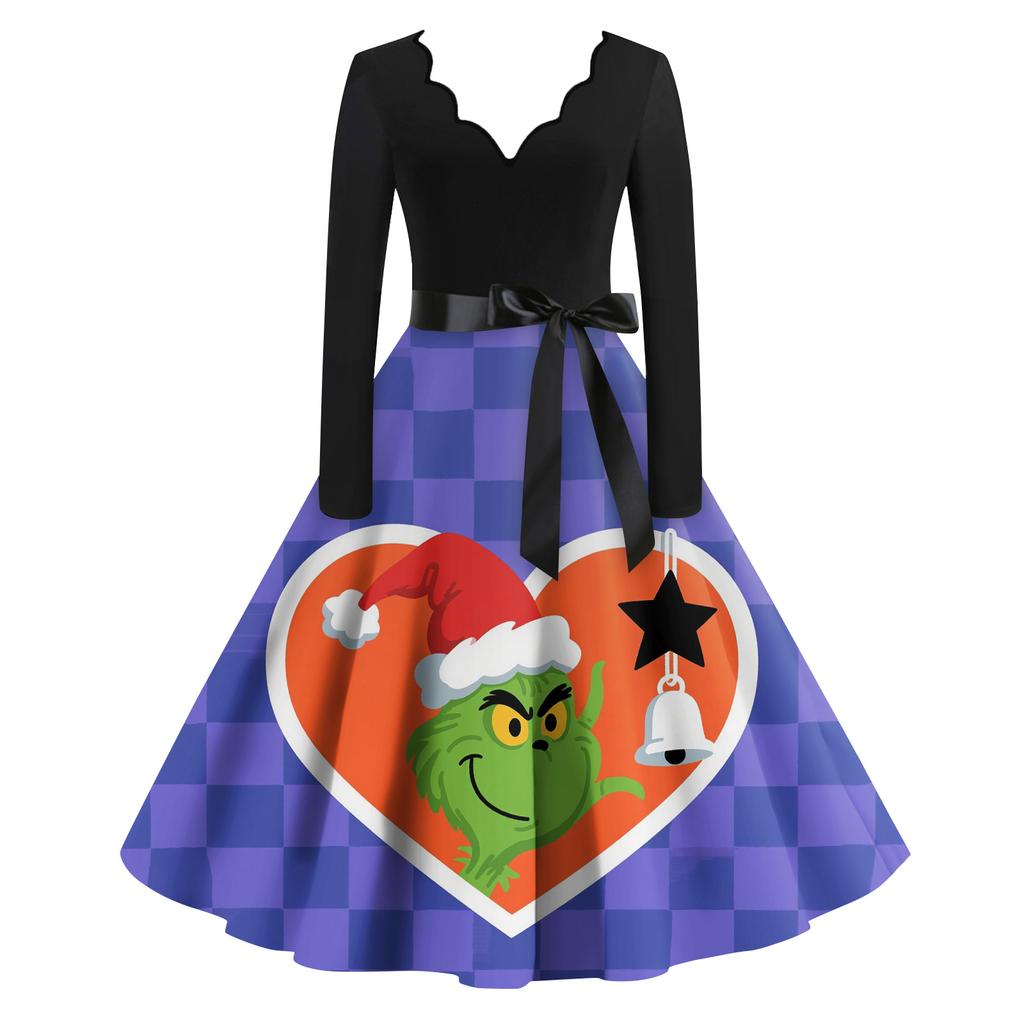 Ladies' Fashionable Retro Long Sleeved Square Neck Christmas Printed Evening Dress Dress