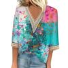 Blusa feminina casual solta, camisas, manga 3/4, acabamento em renda, estampa, decote em V, tops estampados, camisetas, camisetas