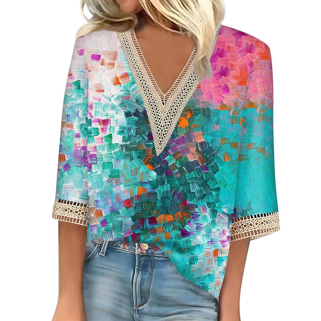 Blusa feminina casual solta, camisas, manga 3/4, acabamento em renda, estampa, decote em V, tops estampados, camisetas, camisetas