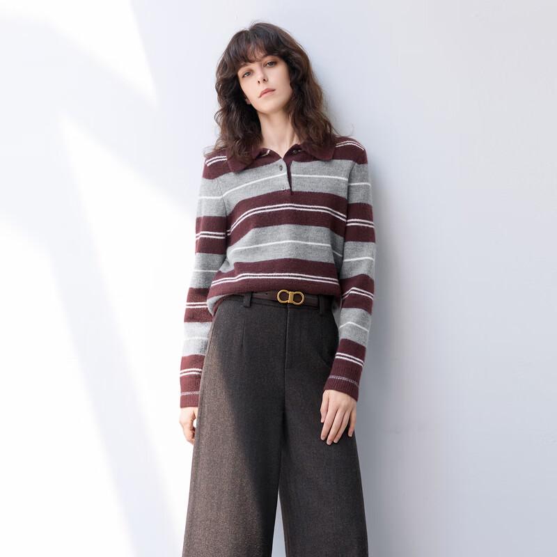 SanCai Women's Striped Polo Collar Knit Sweater