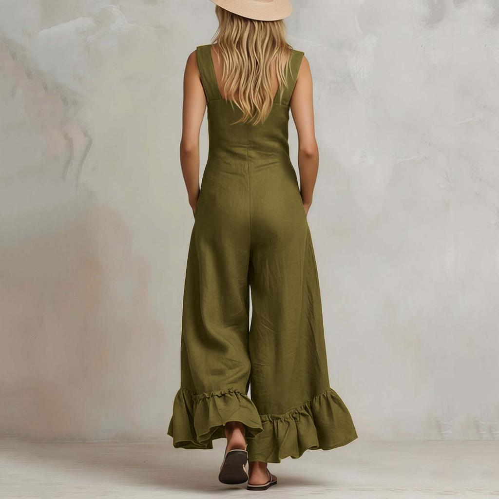 Damen Casual Einfarbiger Jumpsuit Quadratischer Ausschnitt Ärmellos Weiter Bein Rüschensaum Leicht Lockerer Romper