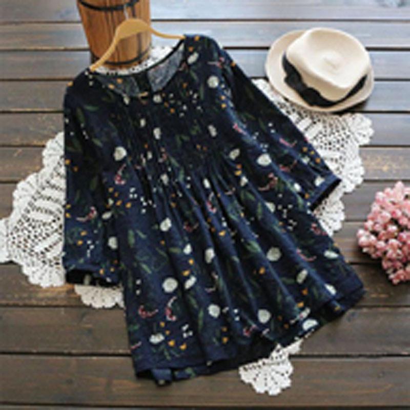 Elegant Womens Floral Print Casual Long Tops Shirt With Loose Vintage Ethnic Design And Crew Neck