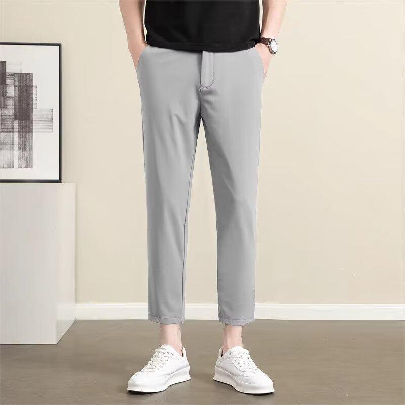 High-elasticity thin ice silk pants men's spring and summer new nine-point small trousers men's slim-fitting casual pants men