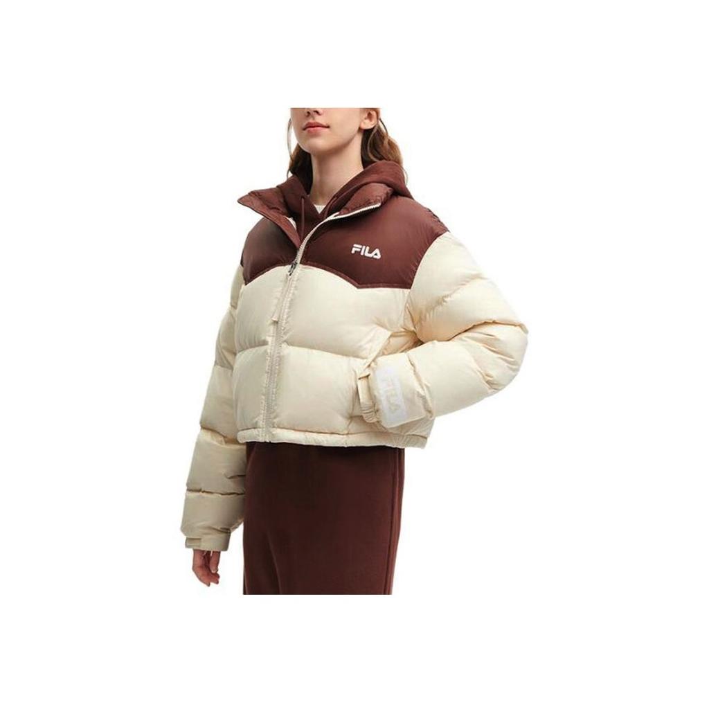 FILA Color Block Logo Zip Stand Collar Long Sleeve Down Jacket Women outerwear Beige F51W349901F-BG