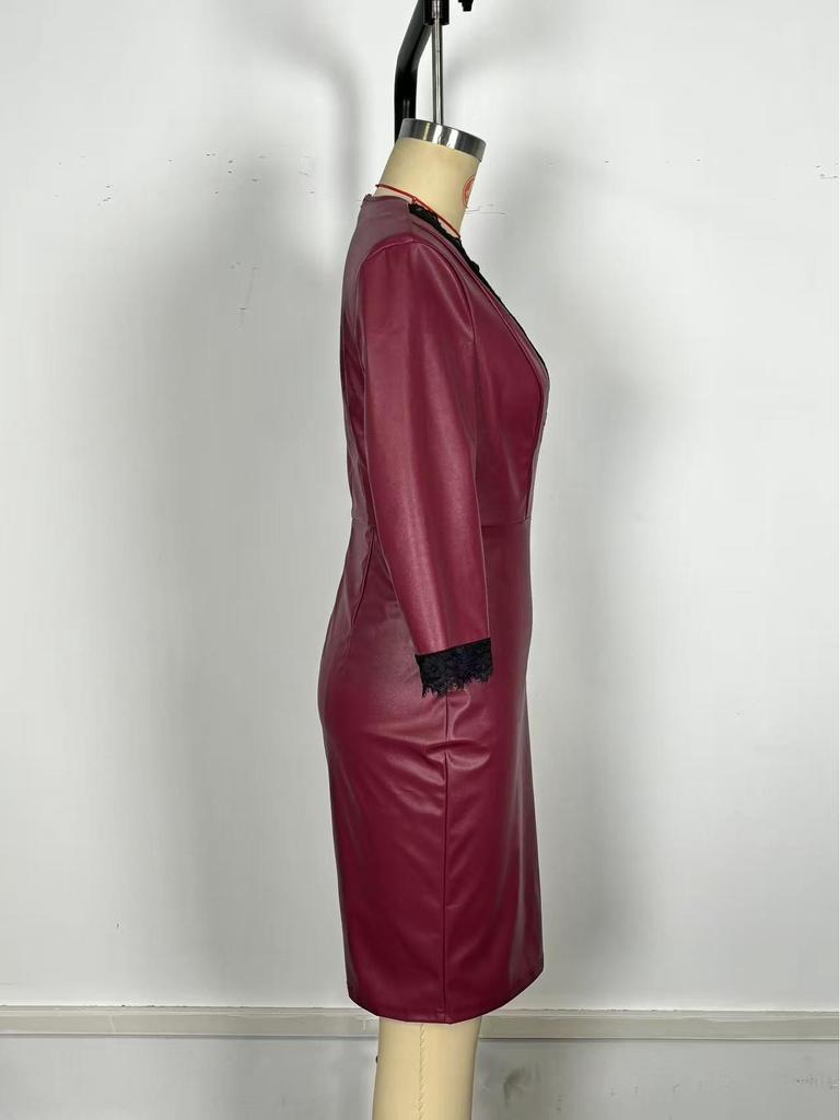 European & American Slim V-Neck Lace-Trim PU Leather Bodycon Dress for Women