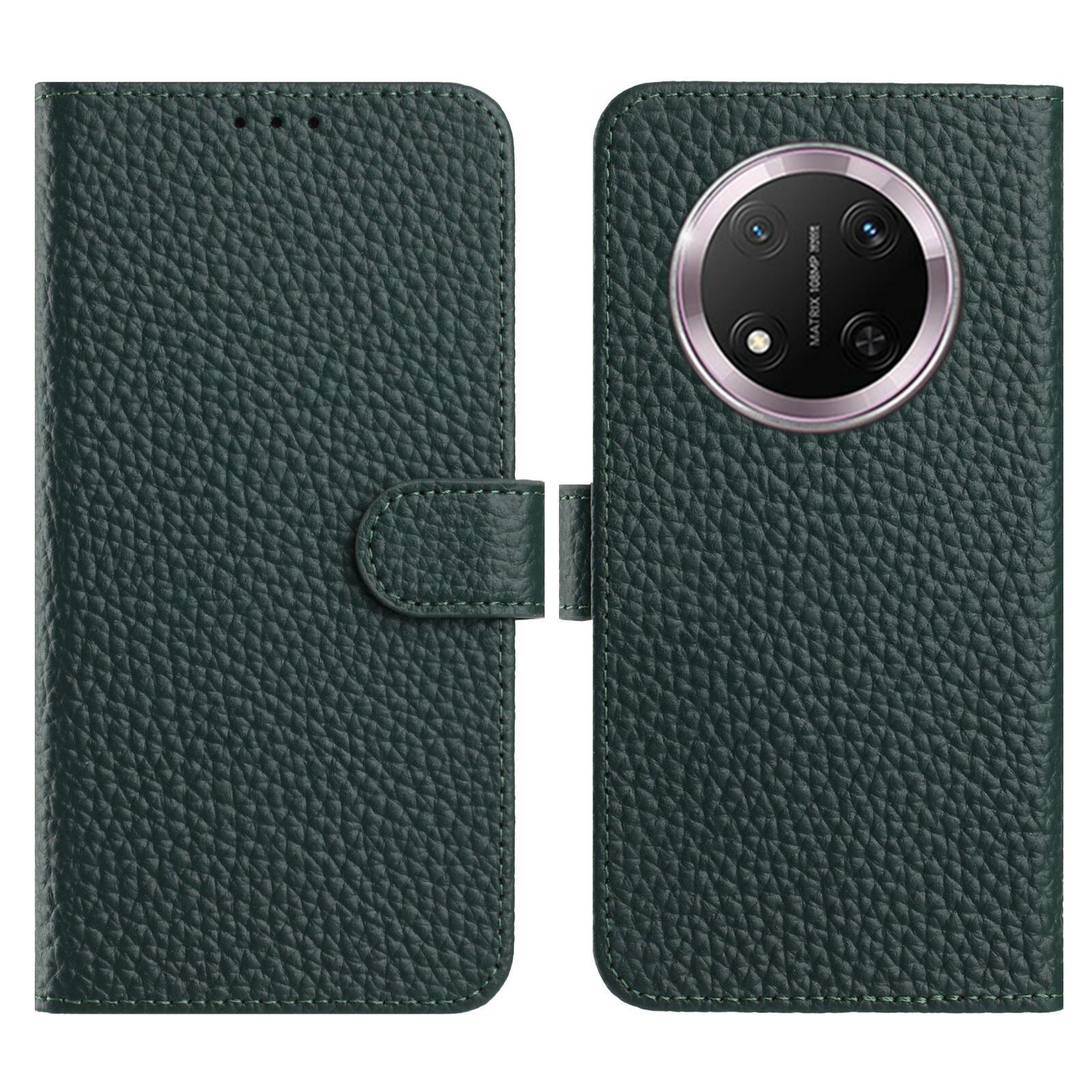 

For Honor Magic7 Lite 5G/X9c 5G/X60 Pro 5G Case Wallet Stand Litchi Texture Genuine Cow Leather Flip Phone Cover Green