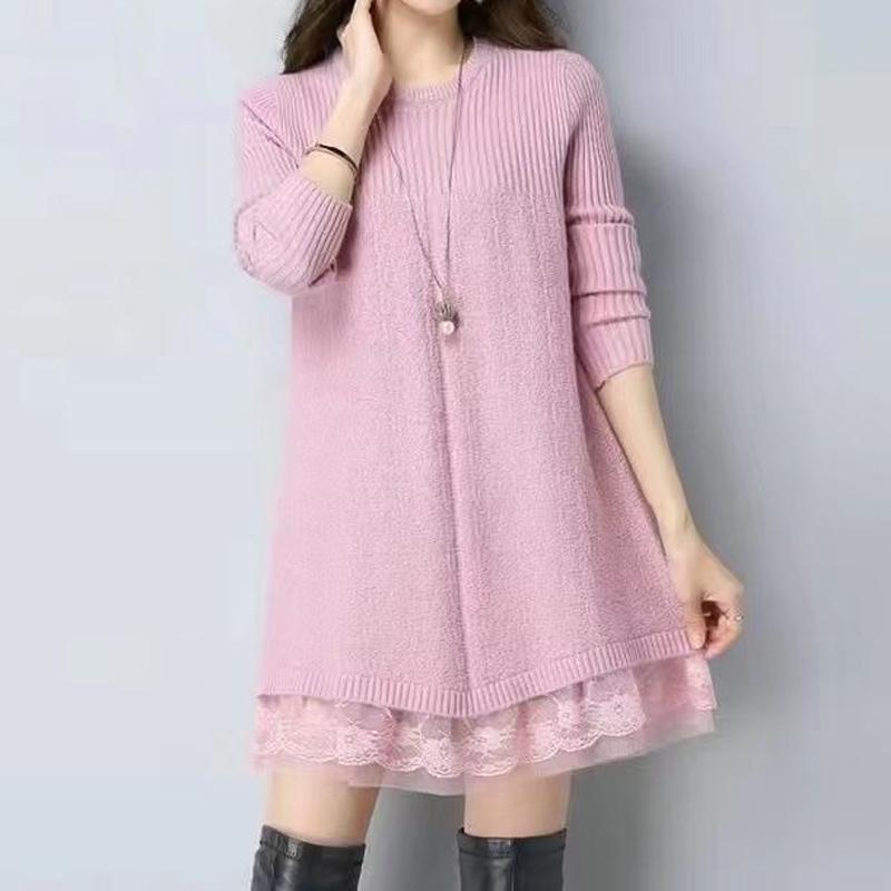 Autumn Lace Patchwork Sweaters Solid Color Loose Long Sleeve O-neck Loose Knitting Pullovers Fashion Vintage Women Clothing