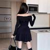 French Small Black One-word Shoulder Long-sleeved Dress Women's Autumn New Temperament Thin Waist Short Skirt