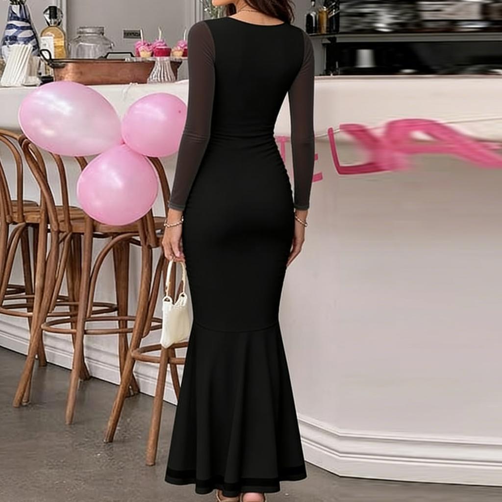 Women's Ruched Bodycon Long Sleeve Maxi Dress Mesh Square Neck Cocktail Party Long Dresses