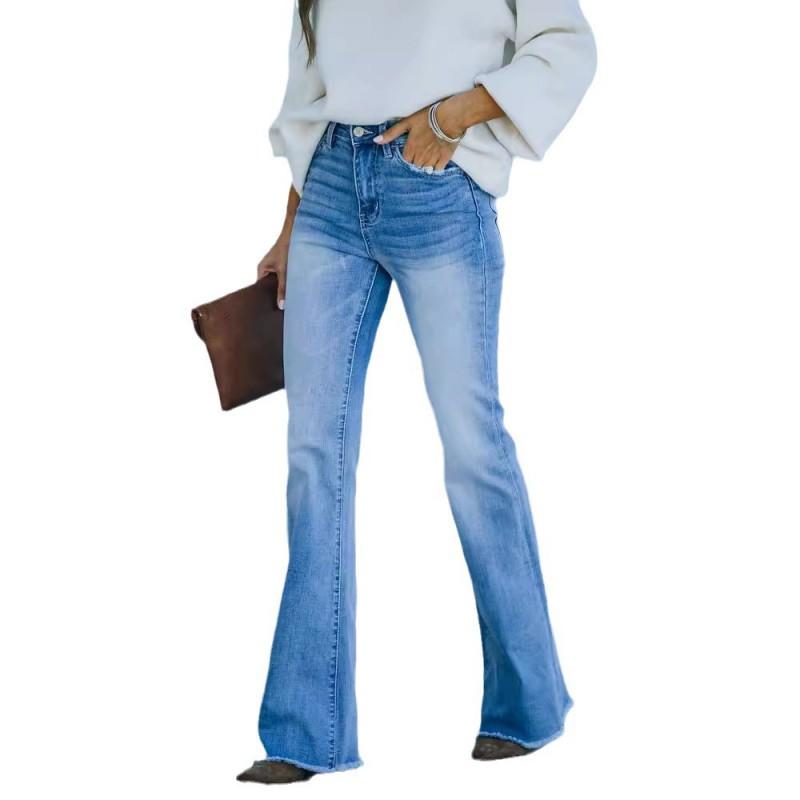 High-Waisted Stretch Denim Flare Pants Women Classic Washed Cotton Blend Office Chic Trousers