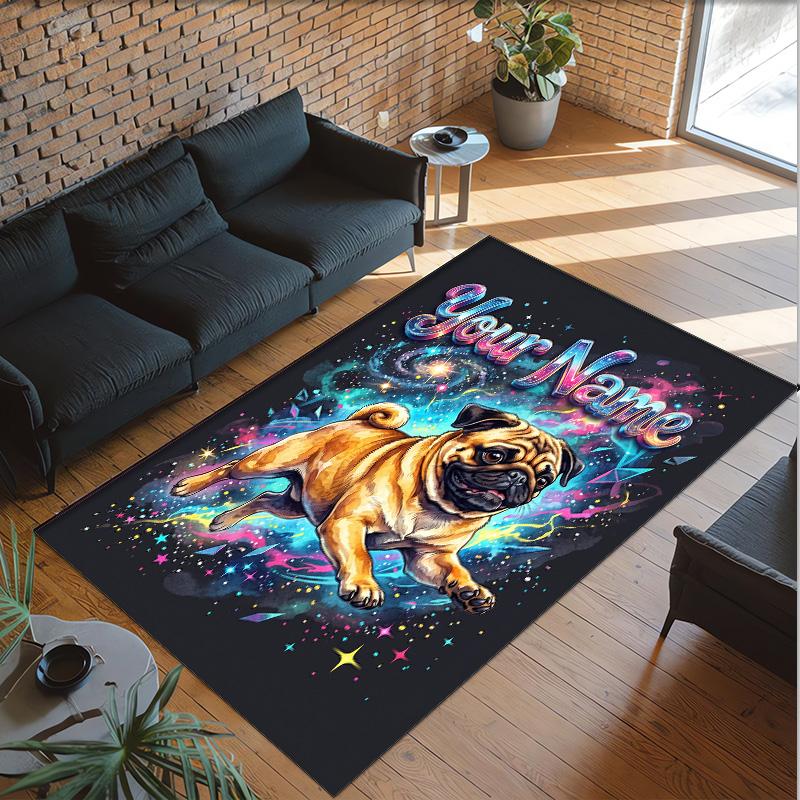 Pug Theme Crystal Velvet Floor Rug Personalized Custom Name Text Warm Carpet Home Decoration