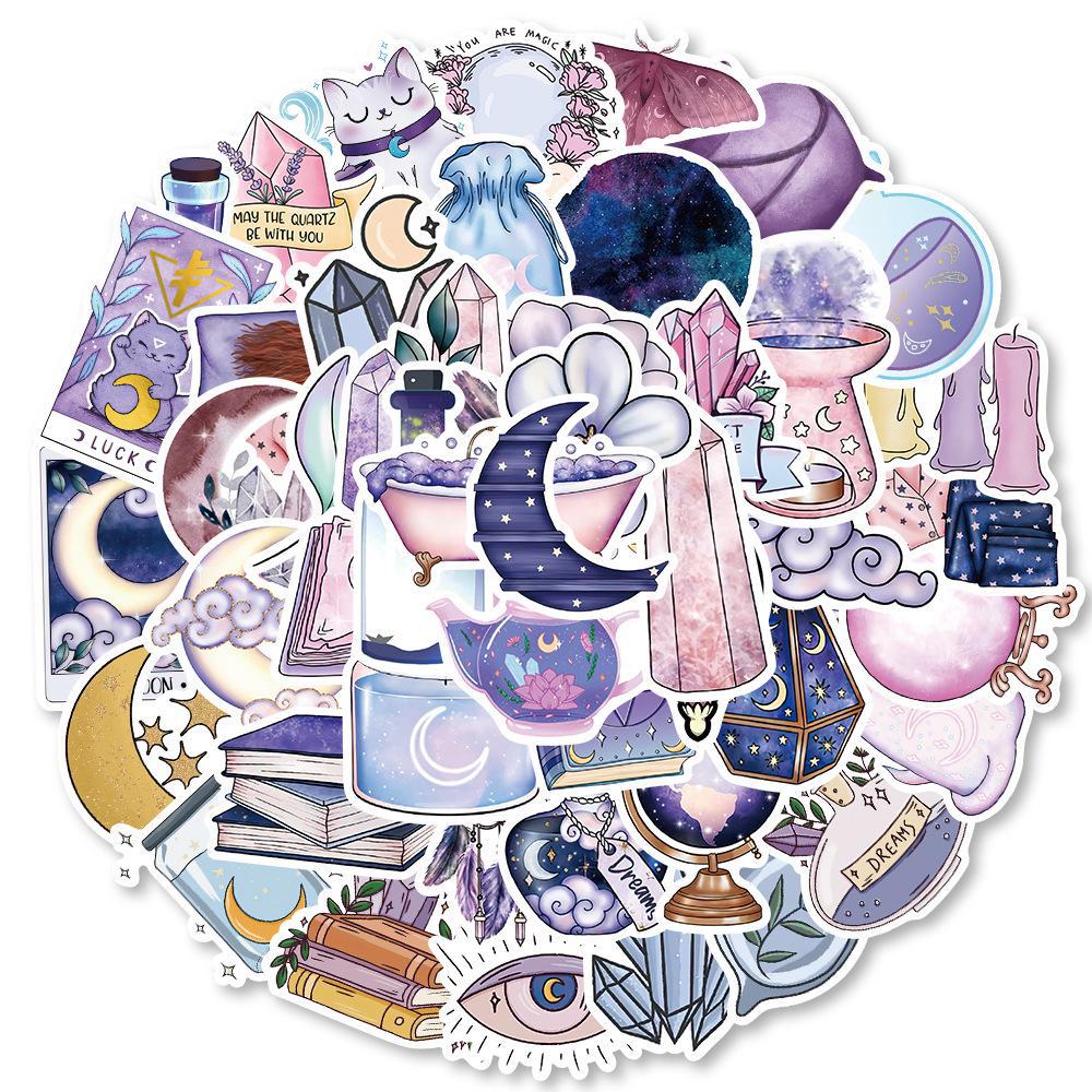 52 Fioletowe naklejki z graffiti Magic Moon: Wodoodporne naklejki DIY do dekoracji bagażu