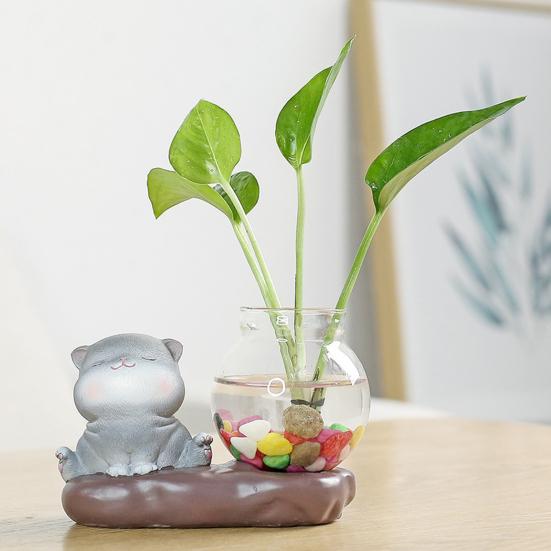 Tierfigur mit Vase, Teetisch, Mini-Blumenvase, Keramik, Hirsch und Katze mit Hydrokultur-Pflanzgefäß aus Glas für Zuhause, Schlafzimmer, Wohnzimmer, Dekoration
