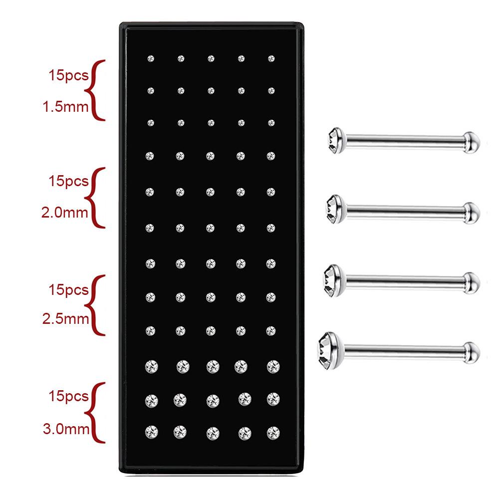 60 Stainless Steel L-Shaped Nose Studs (1.5/2.0/2.5mm) with Diamond Inlay Curve Nose Rings