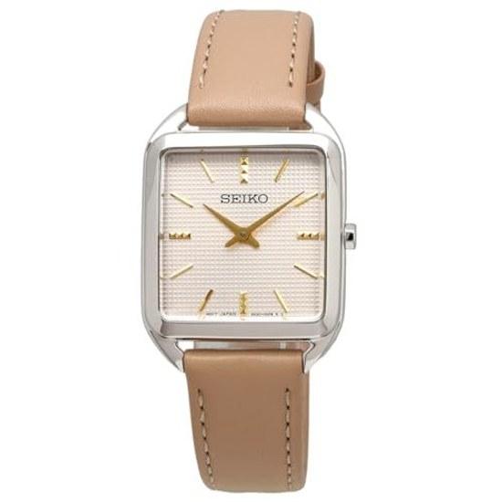 SEIKO quartz wristwatch women square design SWR089P1 silver beige leather band